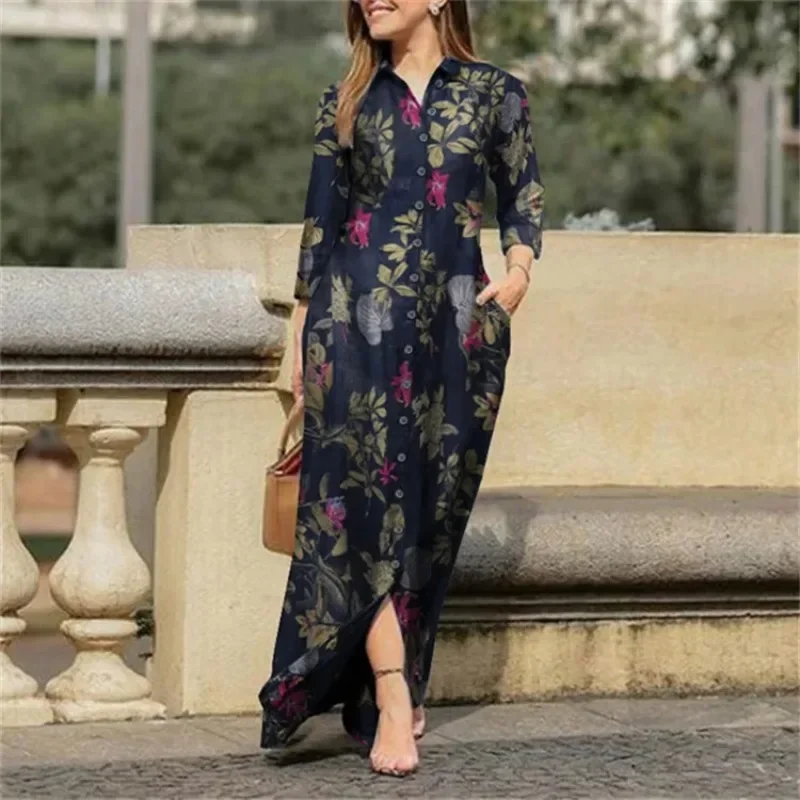 Women\'s holiday casual lapel long sleeved robe long floral printed cotton dress button up shirt long style