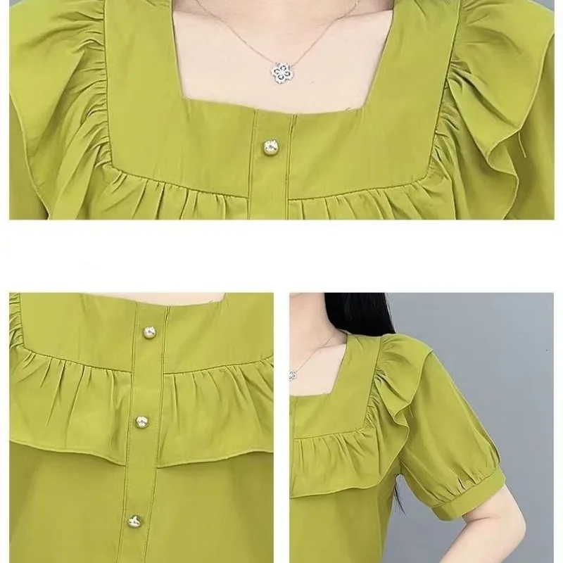 Summer New Thin Chiffon Blouses Korean Commute Patchwork Loose Ruffles Button Crew Neck Short Sleeve Solid Pullover Women Shirts