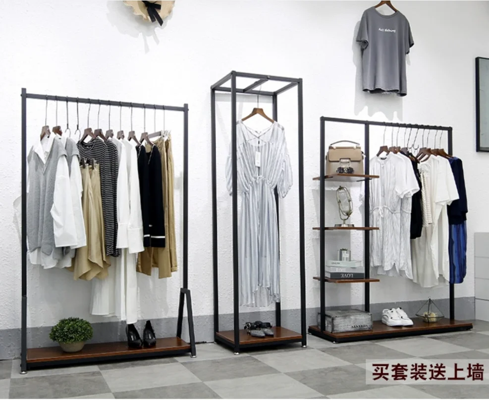 衣料品店のディスプレイラック、床置きのミニマリスト装飾、吊り下げ衣類ラック、男性用および女性用衣類ラック