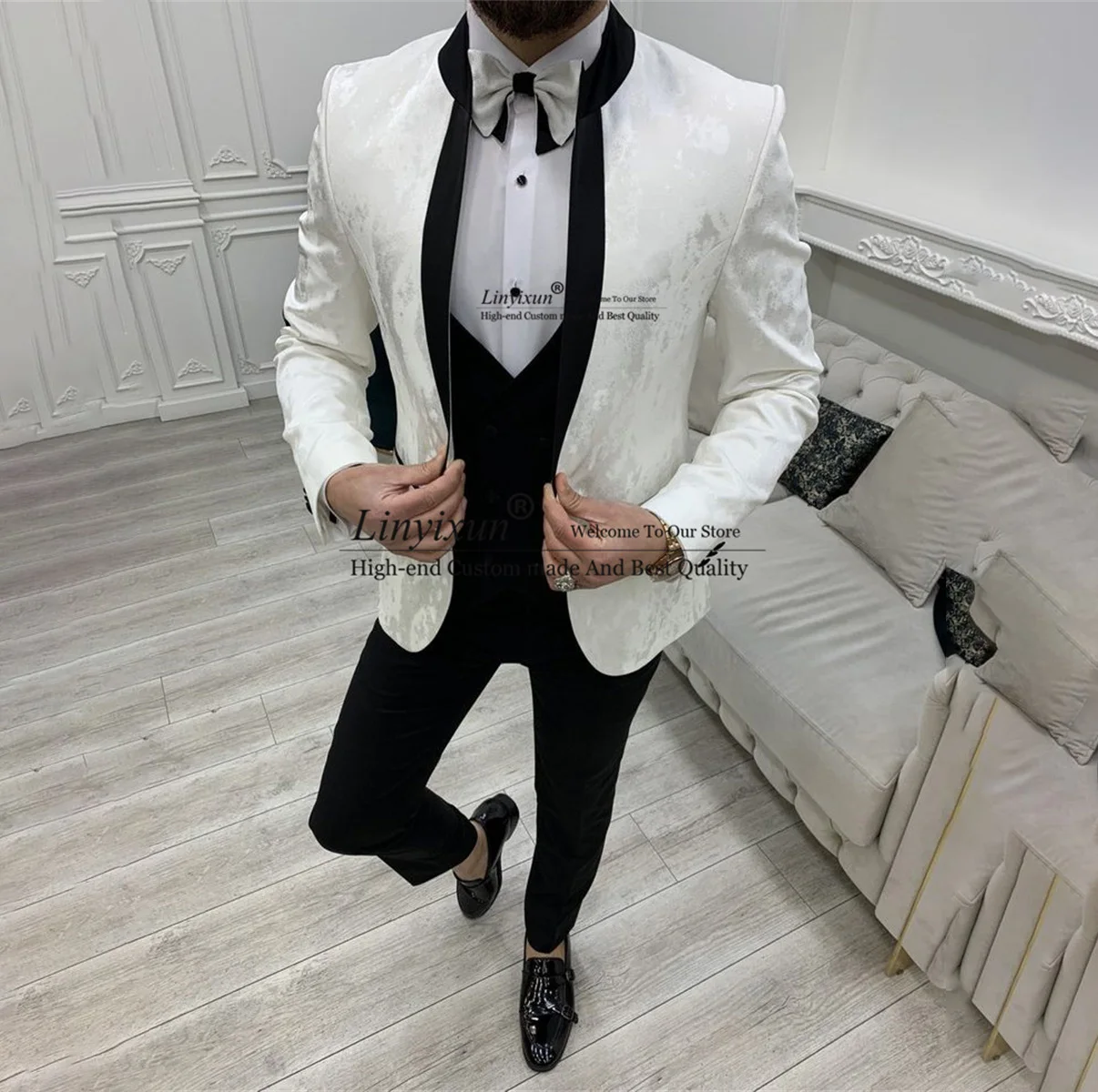 

Classic Floral Jacquard Wedding Suits For Men Shawl Lapel Male Prom Blazers Sets Groom Tuxedos Slim Terno Masculinos Completo