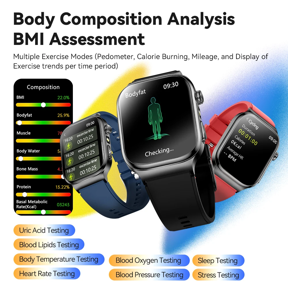 التمريض الصف Smartwatch ECG + PPG الجلد الاختبار الكهربائي ساعة ذكية الدهون الدم تحليل الدم ضغط الدم حمض اليوريك