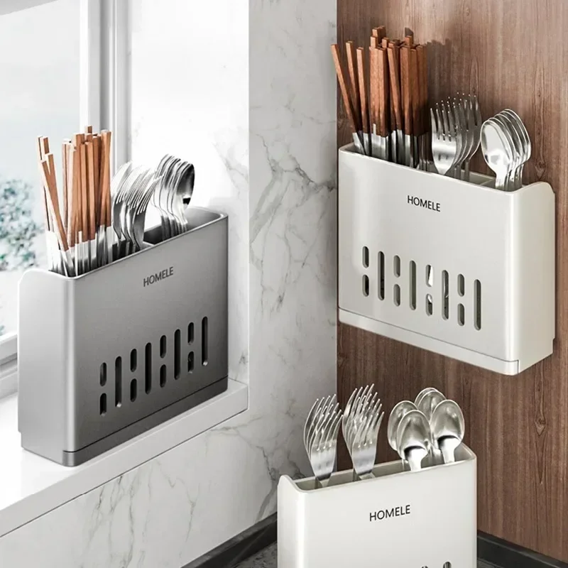 

1-Piece Kitchen Utensil Rack-Multifunctional Draining Chopstick Holder Wall-Mounted or Freestanding Cutlery Storage Box Plastic