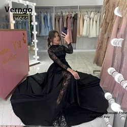 Verngo High Neck Long Sleeves Evening Dress Bone Lace Side Slit Long Party Gown Arabic A Line Satin Party Dress