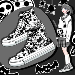 Amy and Michael Original Design Individual Graffiti Shoes Women High Top Canvas Sneakers Teenagers Students Skateboard Shoes