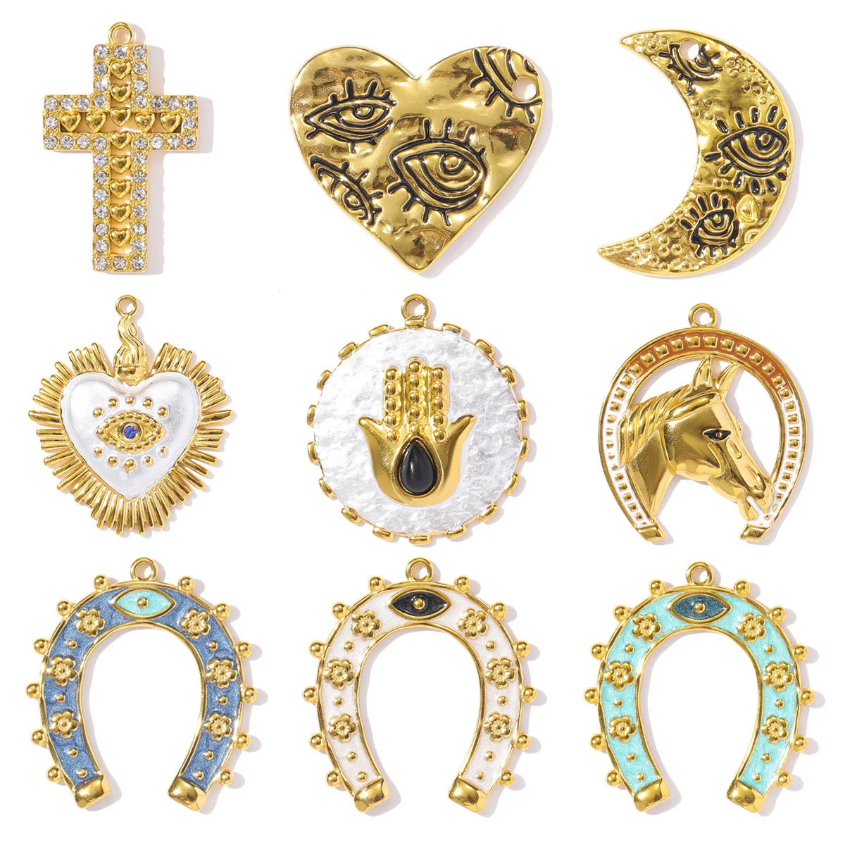 

1Pc Stainless Steel Pendant 18K Gold-Plated Evil Eye Cross Horseshoe Enamel Jewelry Accessory for DIY Necklace Bracelet Keychain
