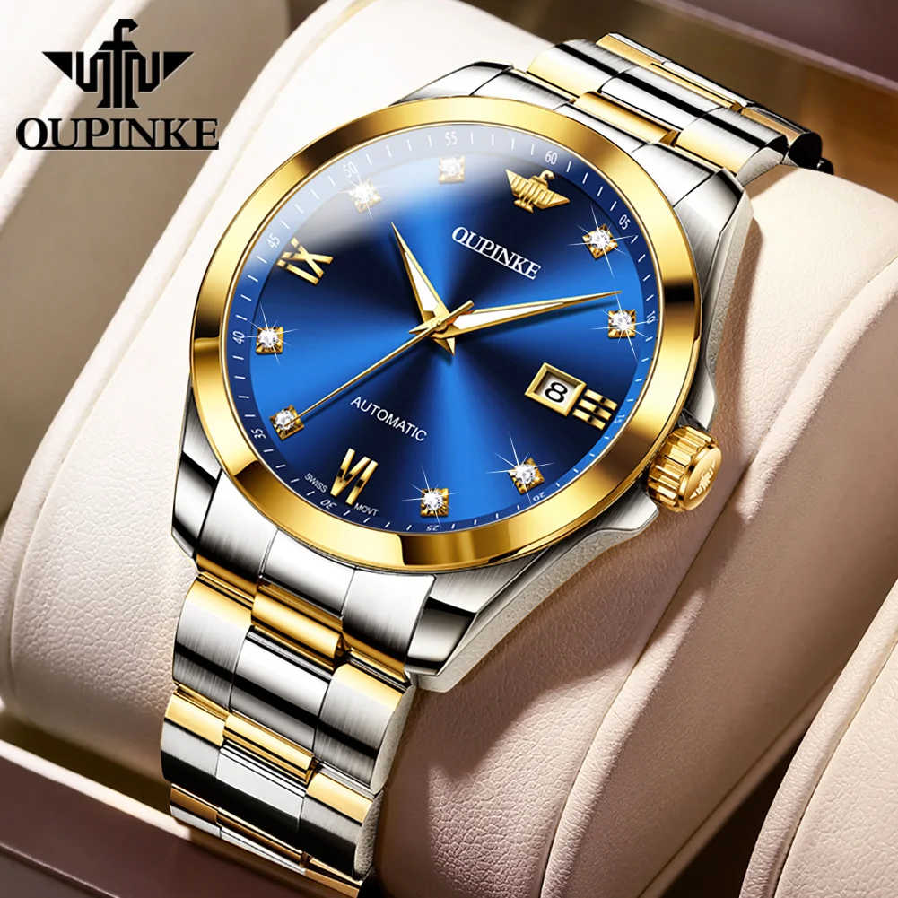 OUPINKE Swiss Automatic Mechanical Watch for Men Real Diamond Luxury High-end Men's Wristwatch Waterproof Date