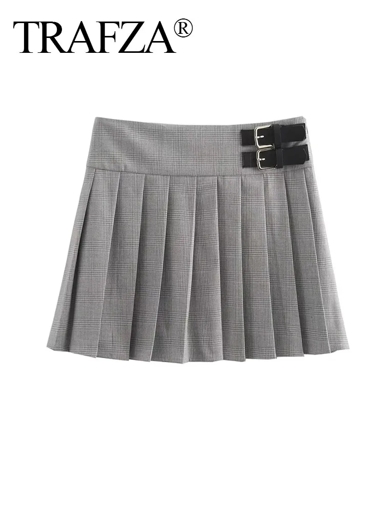 

TRAFZA Women New Casual Street Grey Sexy High Waist Loose Folds Mini Skirts Autumn Woman Fashion Belt Decoration Skirts Mujer