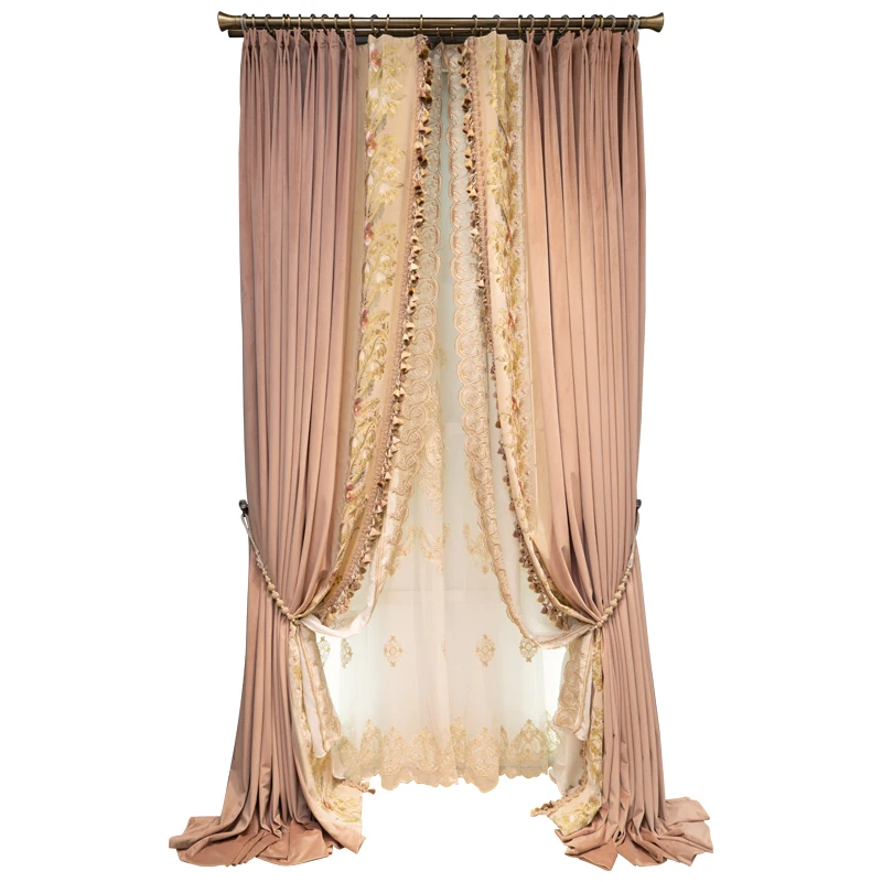 High-grade Pink Princess Embroidery Stitching Flannel Thickened Blackout Curtains for Living Room Bedroom Dining Room