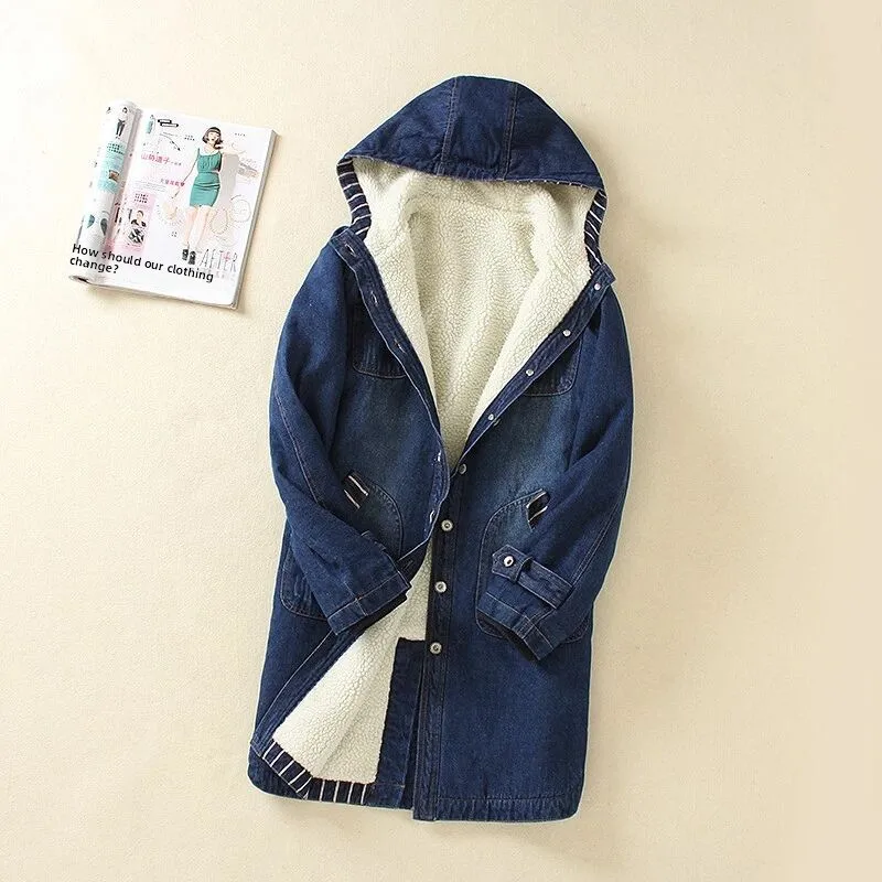 

Korean Loose Thiened Hooded Denim Cotton Women's Cotton Coat Medium Length Fce Lined Lamb Fur Outerwear