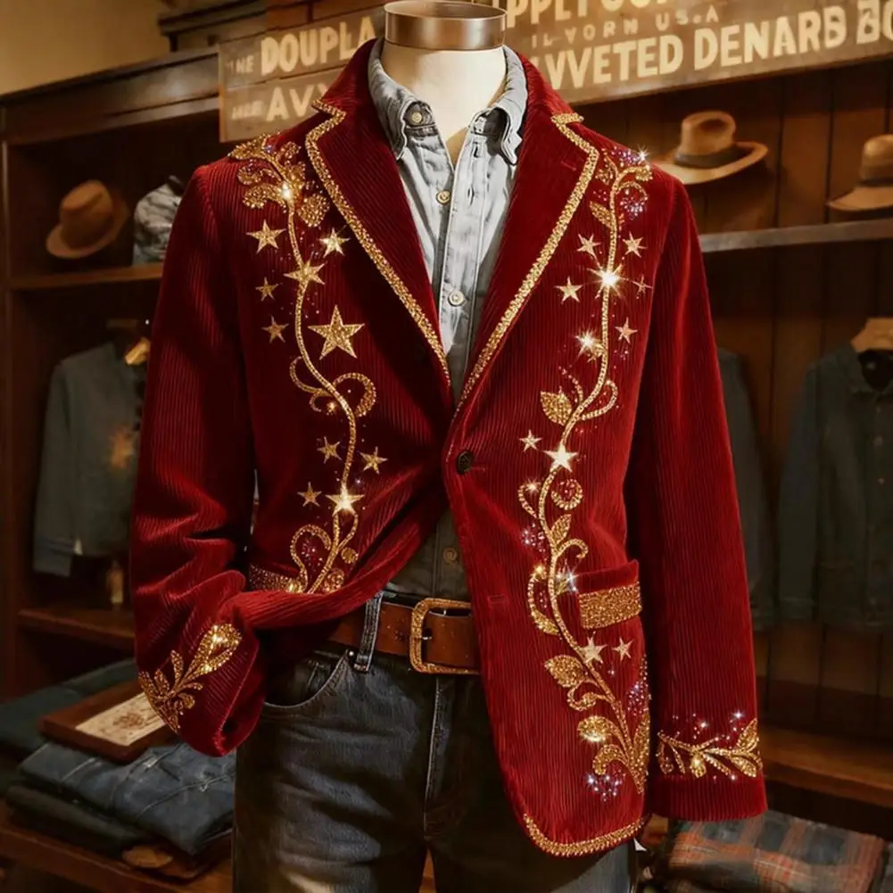

Burgundy Corduroy Suit Coat Rhinestone Embellished Suit Coat Men's Corduroy Suit Coat Slim Fit Single-breasted Jacket Vintage