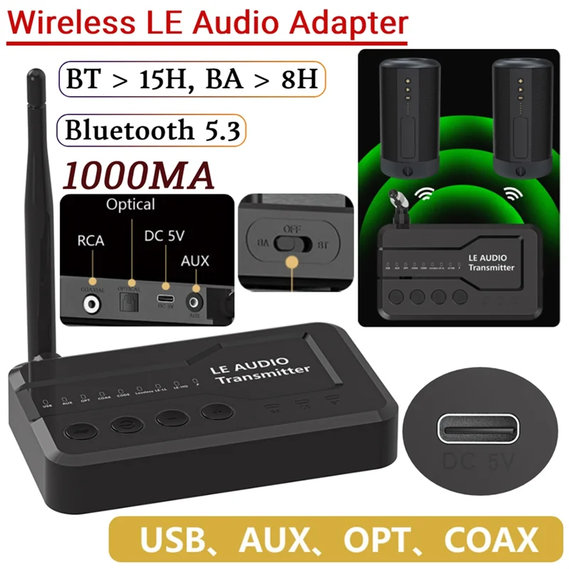 B03B-Wireless LE Audio Adapter Transmitter With Bluetooth 5.3 - 1000MA, DC 5V, USB/AUX/Opt/Coax Features