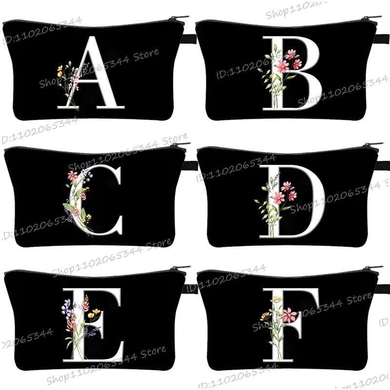 

Wild Flower Alphabet A-Z Pattern Women Makeup Bag Toiletry Storage Pouch Purse Teacher Gift Cosmetic Case Female Letter Tote Bag