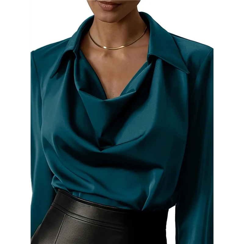 FX-Women's Elegant Satin Silk Blouse Cowl Neck Ruched Front Draped Long Sleeve Work Office Shirt Top