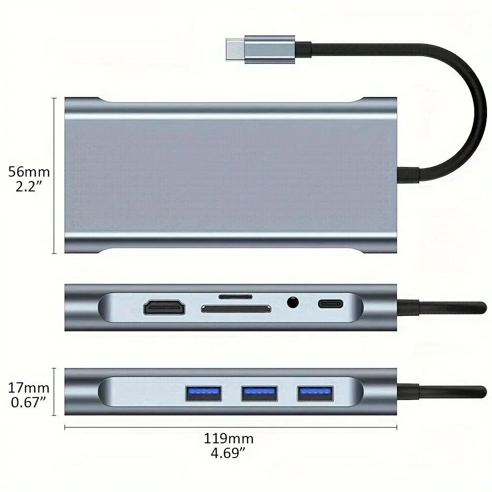 USB ฮับ C 4K 30Hz Type-C ไปยัง HDTV อะแดปเตอร์3.0ที่เข้ากันได้กับ USB 10-in-1 Type-C ฮับแท่นวางมือถือ PD 87W USB C Splitter สำหรับ