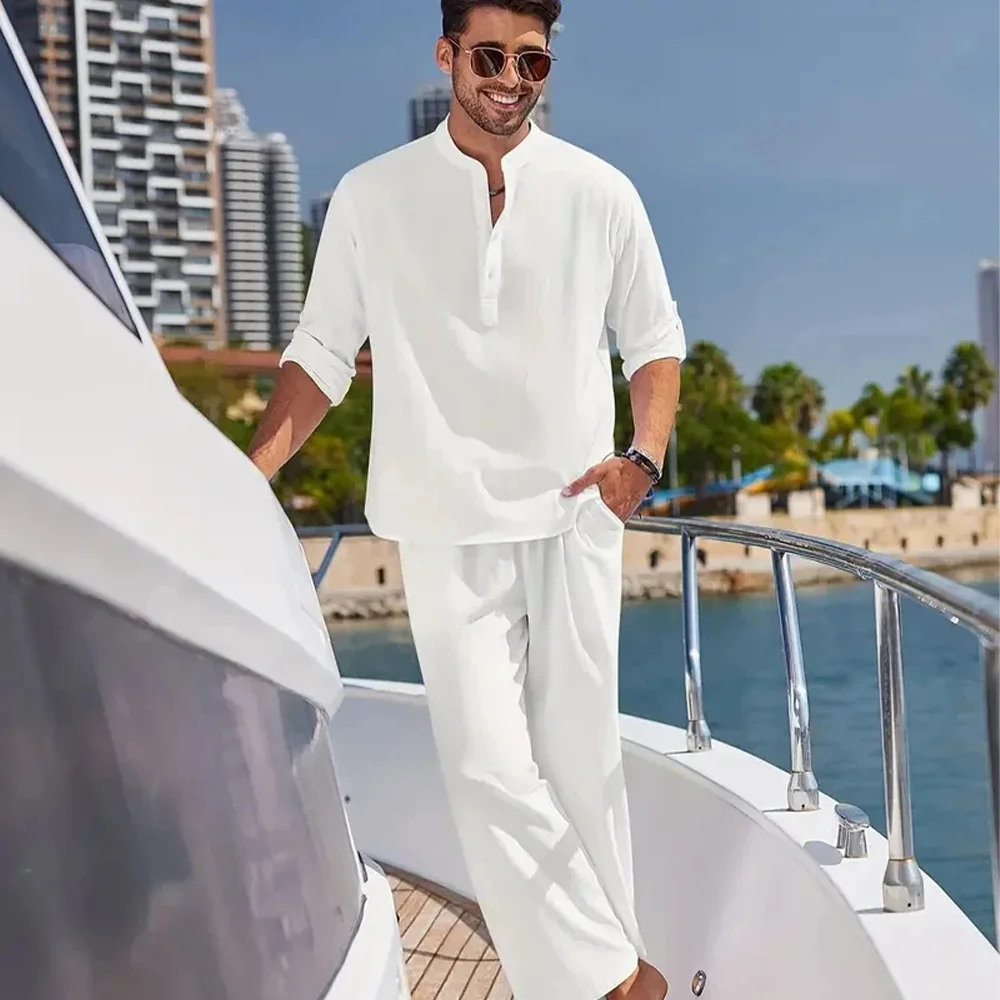 Camicia da uomo in cotone e lino da uomo Set da due pezzi Camicie casual a maniche lunghe con colletto Henley Pantaloni da spiaggia per le vacanze