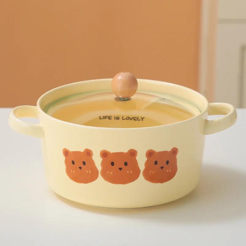 Korean Ins Style Cute Bear with Lid Instant Noodle Bowl Student Dormitory Cute Soup Bowl Household Binaural Ceramic Noodle Bowl
