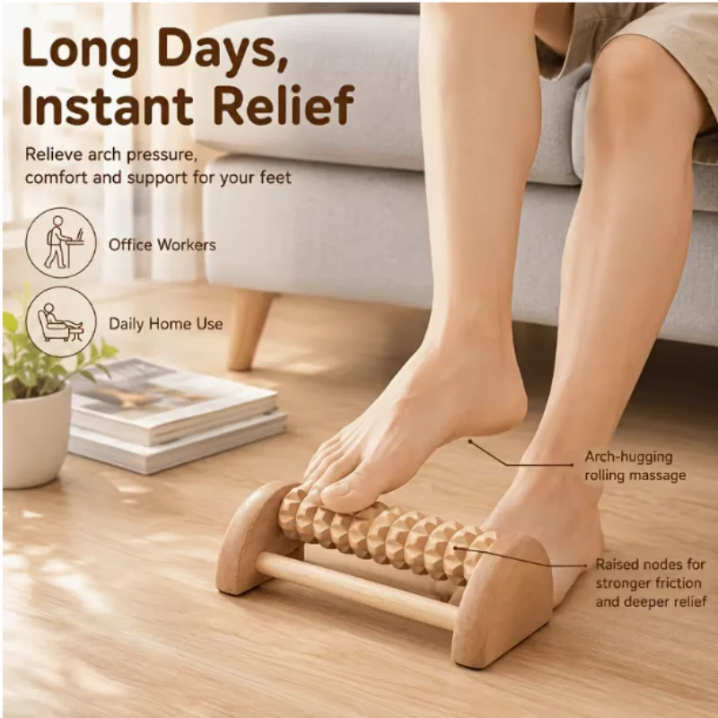 Household Wooden Roller Type Foot Bottom Massager - Solid Wood Foot, Leg and Knee Massager with Ball-Shaped Massage Points