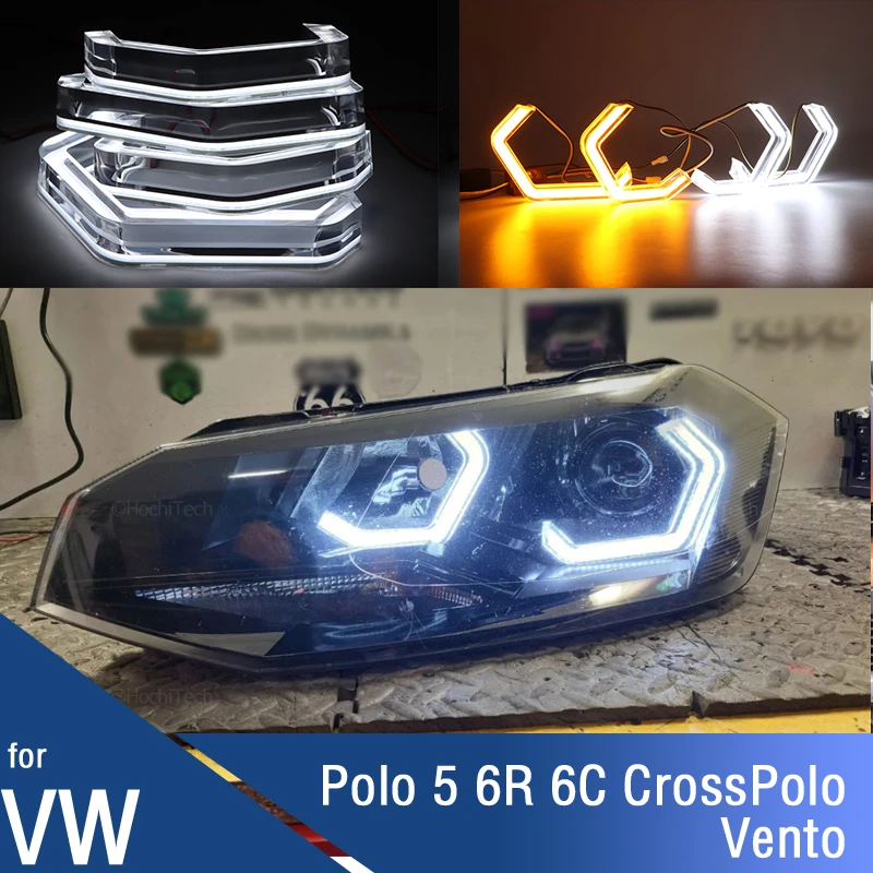 

For Volkswagen VW Polo 5 6R 6C CrossPolo Vento White M4 Style LED Crystal Angel Eye Kit Day Light with Yellow Turn Signal