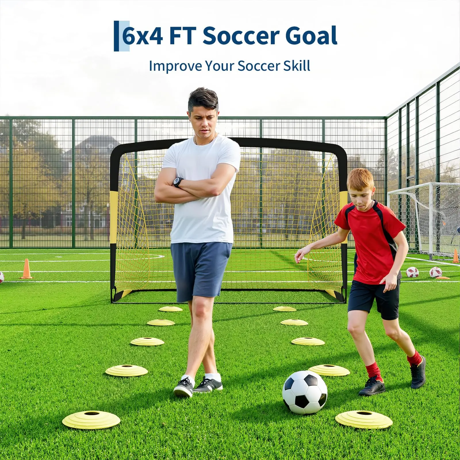 Ensemble de 2 buts de football 1,8x1,2m, filet de football pliable, équipement d'entraînement portable avec ballon, cônes et pompe pour enfants, jeux de jardin