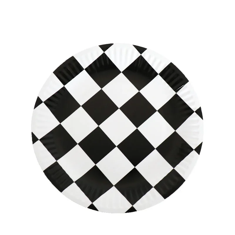 Black and white checkerboard Theme Birthday Party Decorations Disposable Tableware Set Paper Plates Napkins Cups