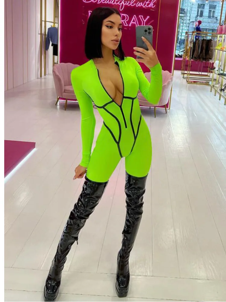 Articat Sexy Zipper Women Jumpsuit Long Sleeve Bandage Tights Solid Jumpsuits Female Party Bodycon Stretch Sporty & Leisure