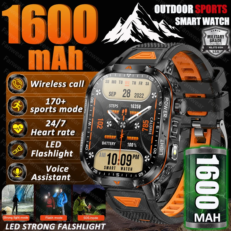 Montre connectée militaire d'extérieur 2026 pour homme, batterie 1600 mAh, autonomie 200 jours, lampe torche LED, plus de 170 modes sportifs, montre de santé Bluetooth