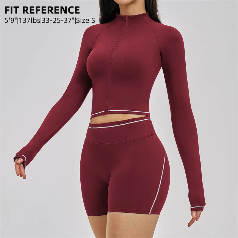 SVEIC Women’s Gym Set Long Sleeve Jacket Zipper Color Block Fitness High Waisted Shorts Booty Lift Workout Running Yoga Clothing
