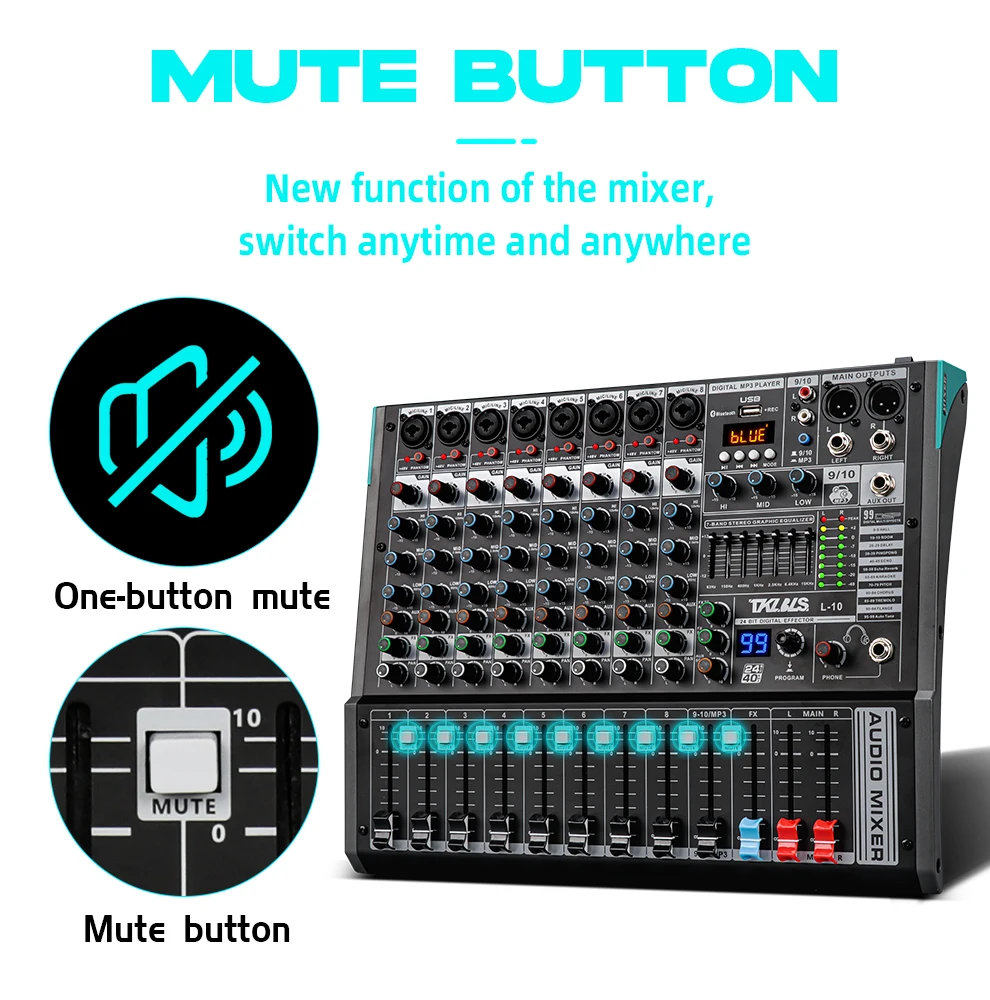TKL L10 Mixer Audio professionale 10 canali 99 effetti DSP DJ Mixing Console Bluetooth USB 48V Mixer Audio Stage Concert