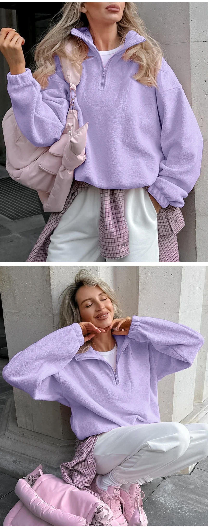 Rosa Winter-Lammfell-Hoodie für Damen mit Reißverschluss und Kragen, Fleece-Pullover für Frauen – Detail 6