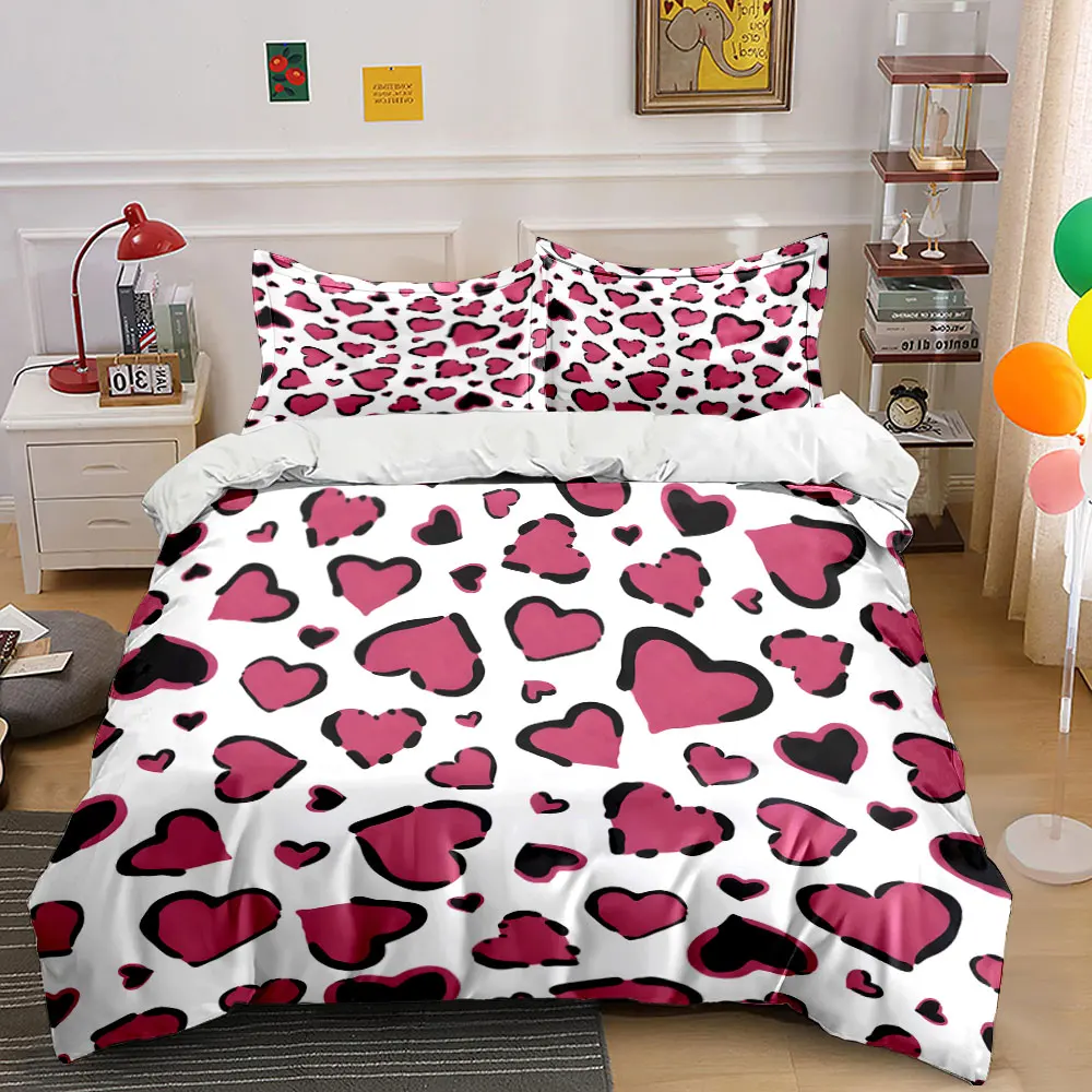 Pink and black heart patterns Leopard Printed Duvet Cover Set 1 Duvet Cover+2 Pillowcase Multi Size Bedroom Bedding Decor