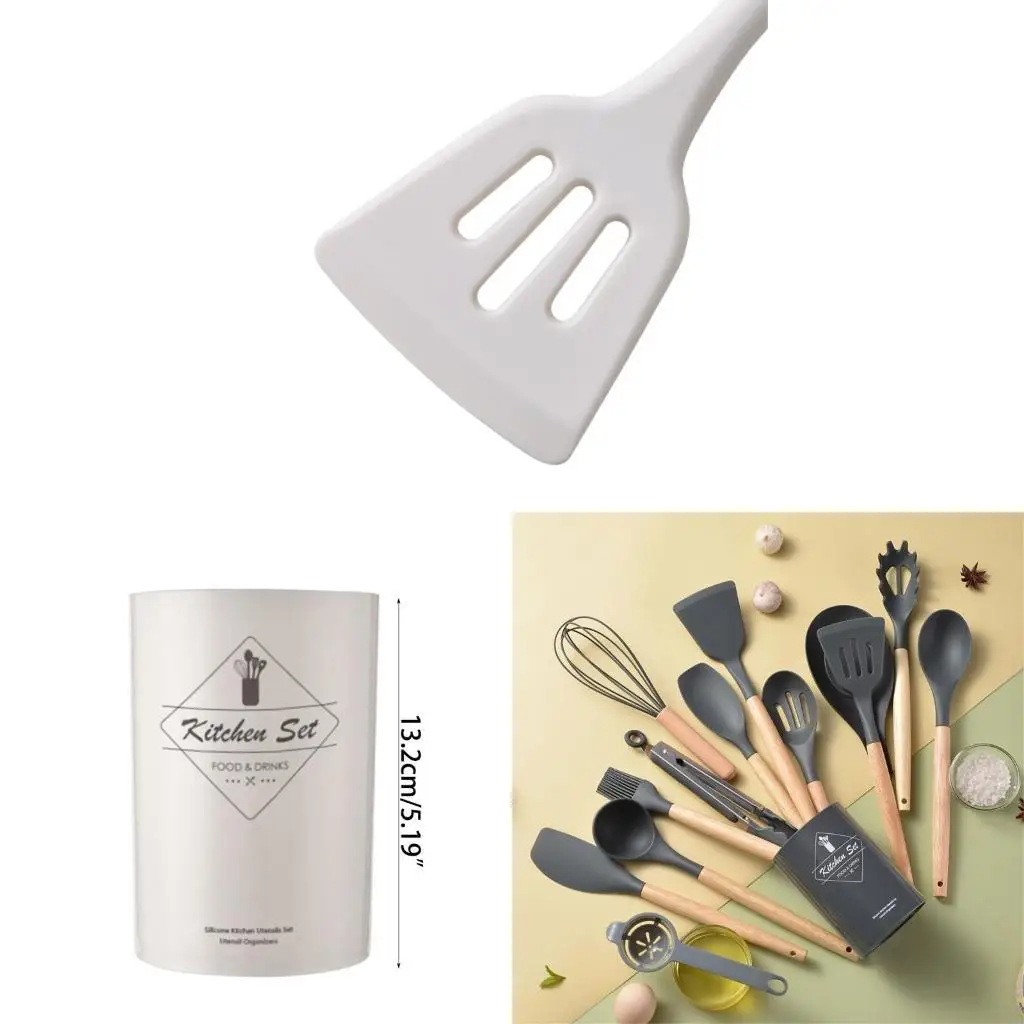 

H58B 14 Pcs Silicone Kitchen Utensil Set Non-Stick Heat Resistant Cooking Utensils Wooden Handles Kitchen Gadget Tools