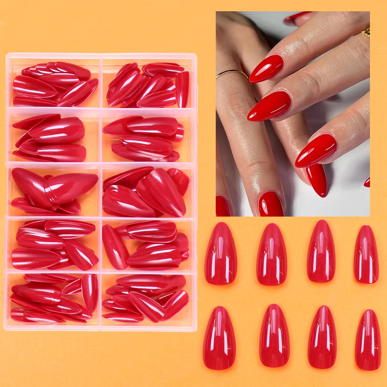 Faux ongles en amande rouge moyenne pour fille, mère et femme, cadeau, fournitures de bricolage, vente en gros et 03, boîte de 120 pièces