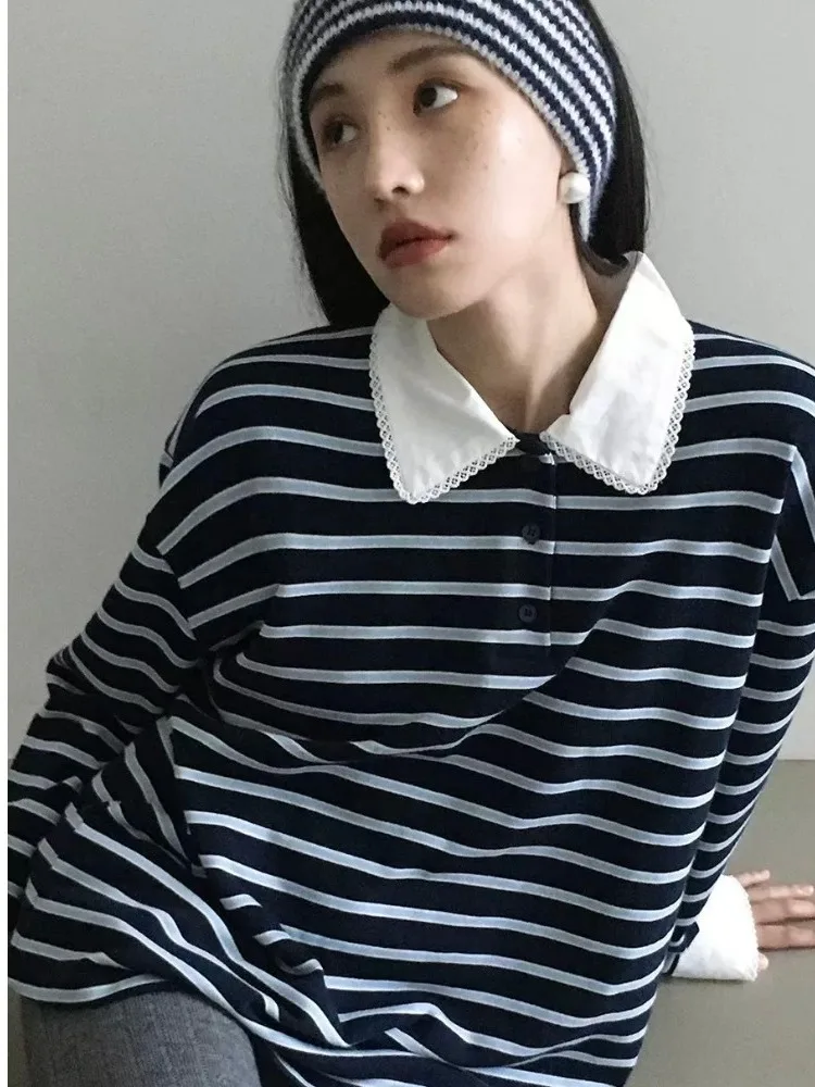 

Женская свободная футболка с длинными рукавами и цветочным кружевным воротником Sweet Spring, повседневный универсальный топ из полиэфирного волокна G2905