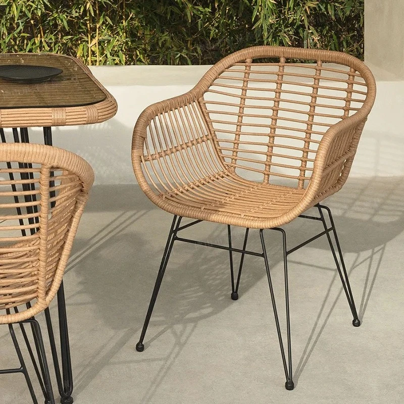 

ins rattan chair outdoor balcony three-piece set household wrought iron rattan leisure chair solid wood table courtyard simple