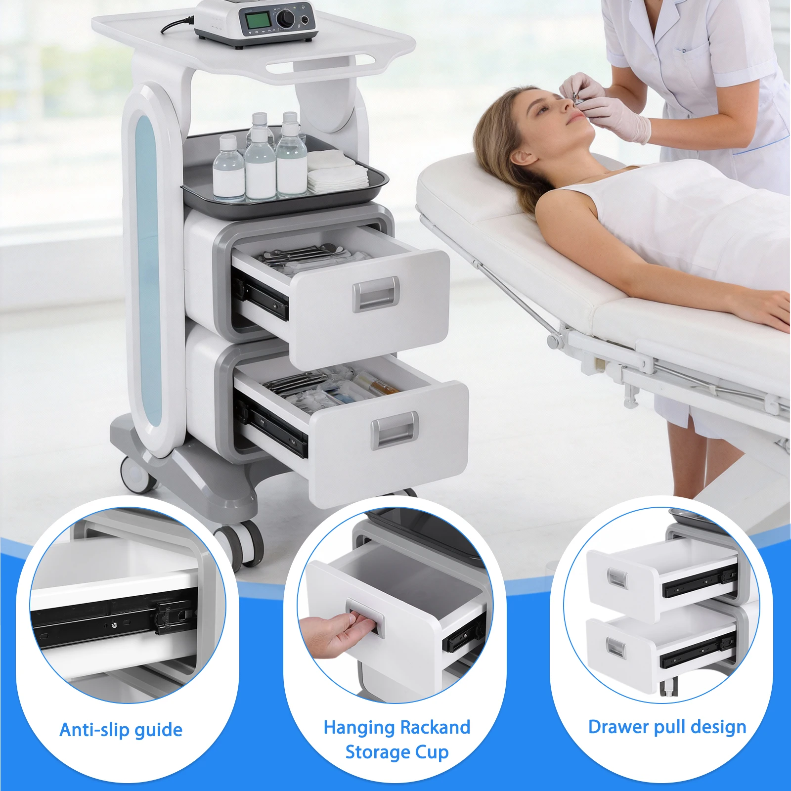 

3 Tiers Lab Carts with 2 Drawers & 1 Top Tray Lab Rolling Cart with 4 Silent Wheels with ABS Material for Clinic Hospital Salon