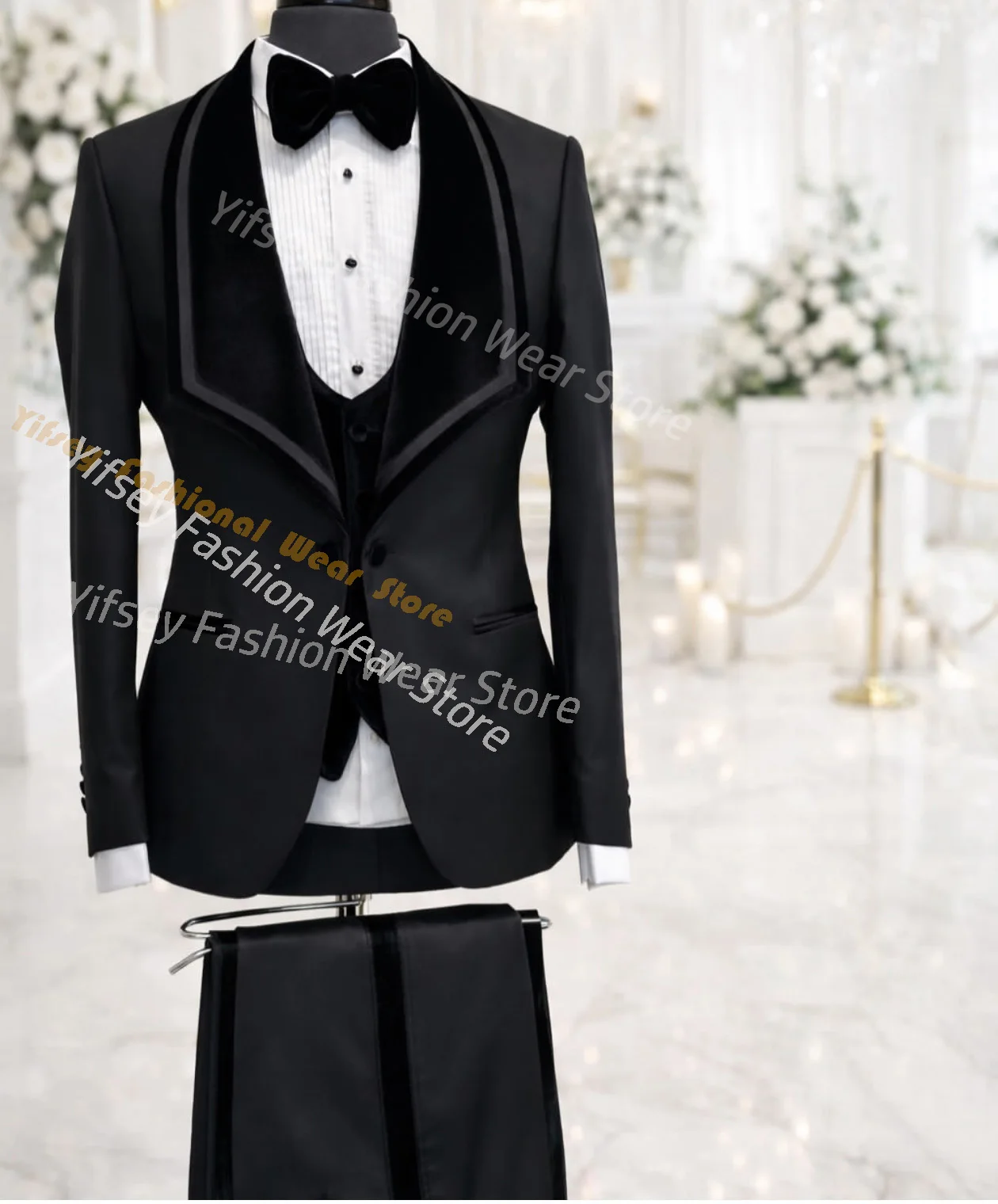 

Black Patchwork Shawl Collar Suit With Flat Velvet Vest Men Suit Set Wedding Custom Made Jacket Vest Pant Blazer Trousers Outfit