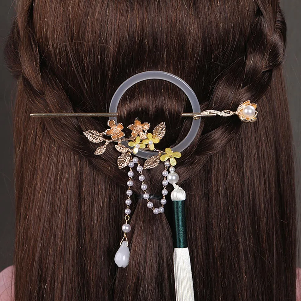 Retro Round Jade Hair Sticks Chinese Pendant Hairpins Clips Flower Pearls Headpieces for Women Girls Tassel Hair Jewelry