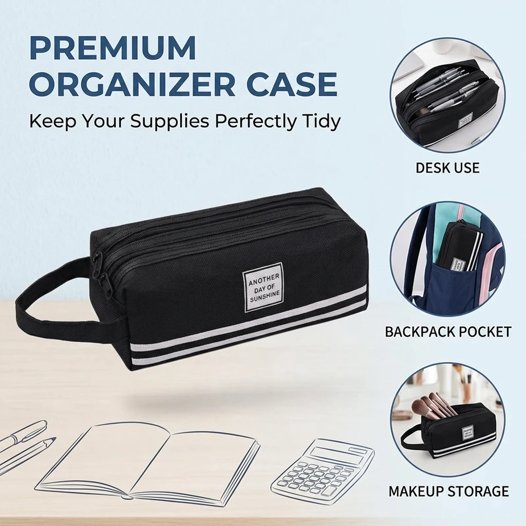 Korean Version Oxford Cloth Double Pull Pencil Case Large Capacity Portable Stationery Bag Simple Hand-Held Design for Students