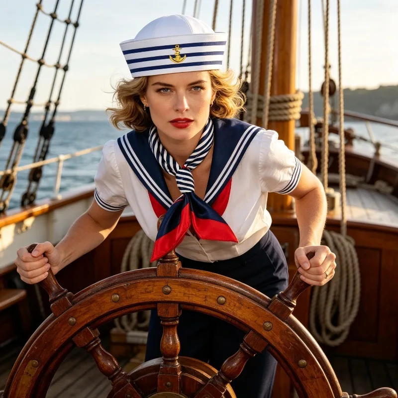 Blue Striped Sailor Hat & Bandana 2Pcs Set, RolePlay Navy Cap Fun Captain Hat for Yacht Party Costume Accessory