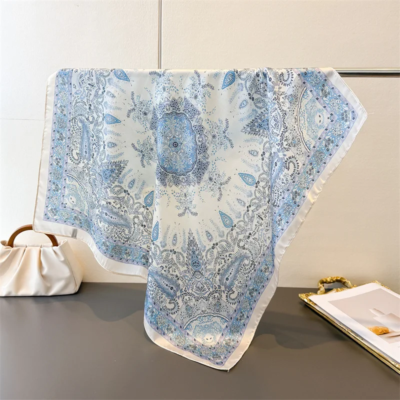 Women's Vintage Thin Satin Scarf Floral Print Hairband Spring Small Square Scarfs Versatile Tying Hair And Bag 70x70cm Shawl