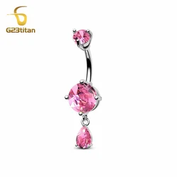 G23Titan Women Belly Button Ring Pink Zircon Water Drop Design 14G Surgical Titanium Steel Piercing Body Navel Barbell Jewelry