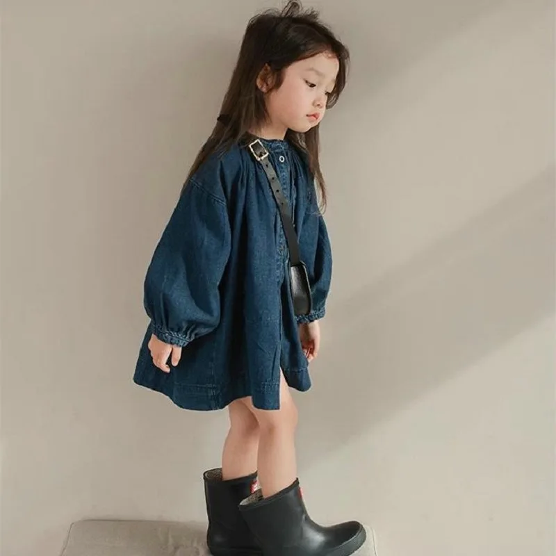 Children Clothing Girls Denim Dress Stand Collar Single Breasted Washed Cotton 2023 Spring and Autumn New Fashionable Dress