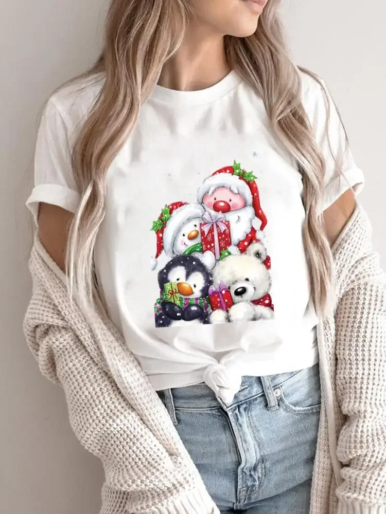 Merry Christmas Women Holiday Shirt Clothing Print T Top Santa Claus Happy Time Graphic Tee Fashion Female New Year T-shirts