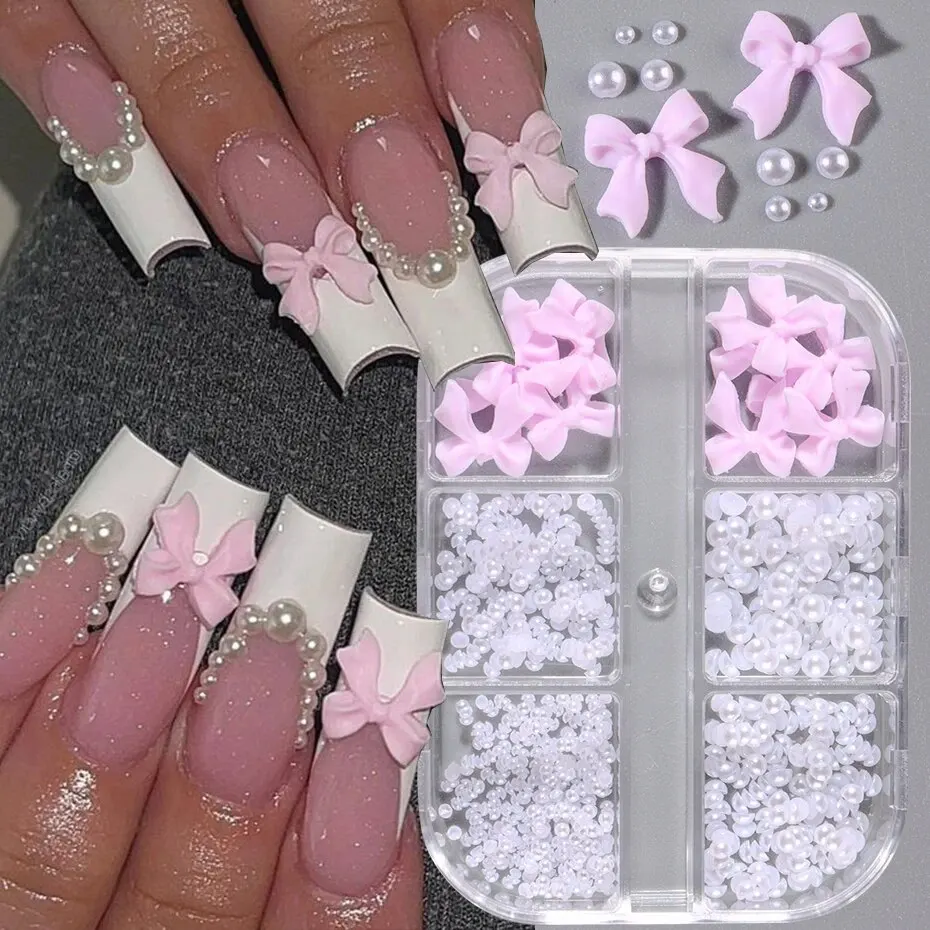 1 Box Kawaii Mini Bow 3D Cute Nail Art Decorations White Pearls Nails Charms Designs DIY Pink Bowknot Resin Nail Accessories