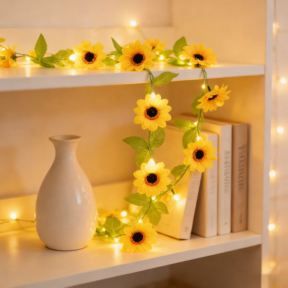 2/5/10M Garden Summer Light Battery Box LED Leaves Sunflower String Lights Outdoor Wedding Holiday Artificial Plants Garland