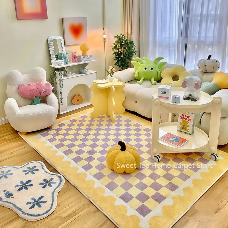 Korean Ins Checkerboard Style Bedroom Bedside Mat Washable Antiskid Large Living Room Floor Carpet Soft Plush Study Area Rugs