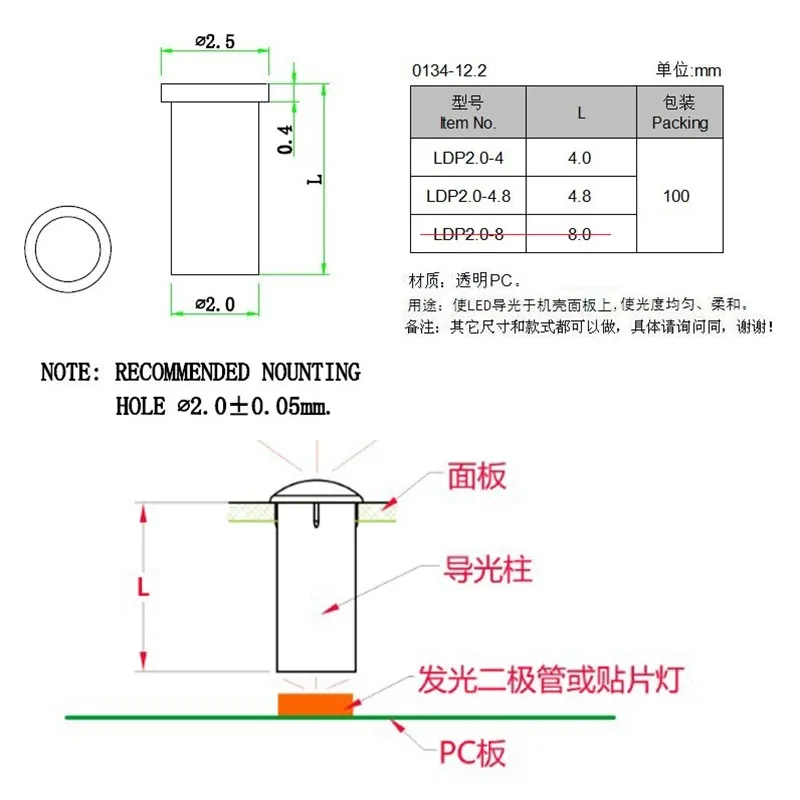 LED indicator signal light light-emitting diode light tube LDP aperture 2mm transparent photoconductive high transmittance