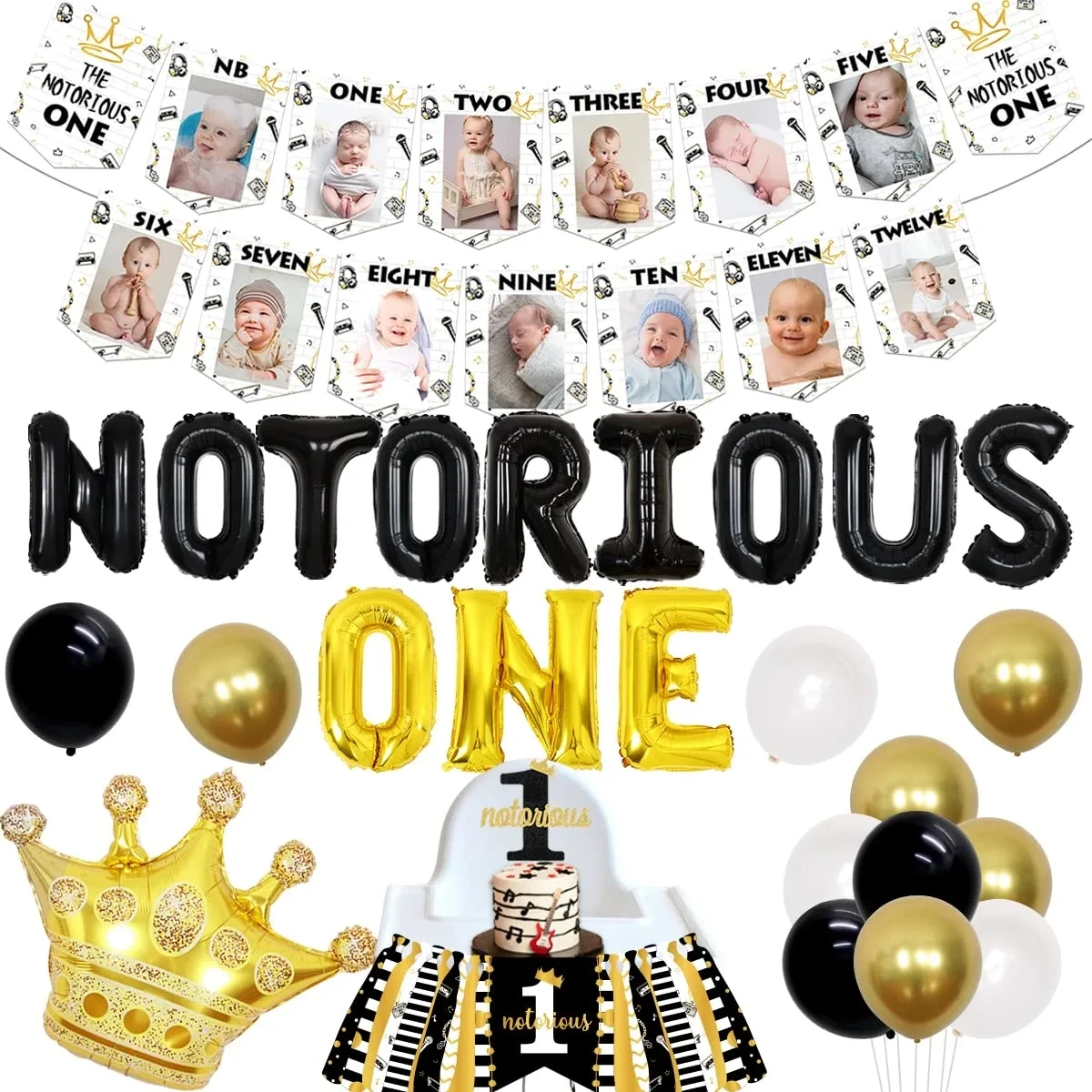 

JOYMEMO Notorious One 1st Birthday Decorations Boy Hip Hop First Birthday Party Supplies Black Gold Notorious One Balloon Kit