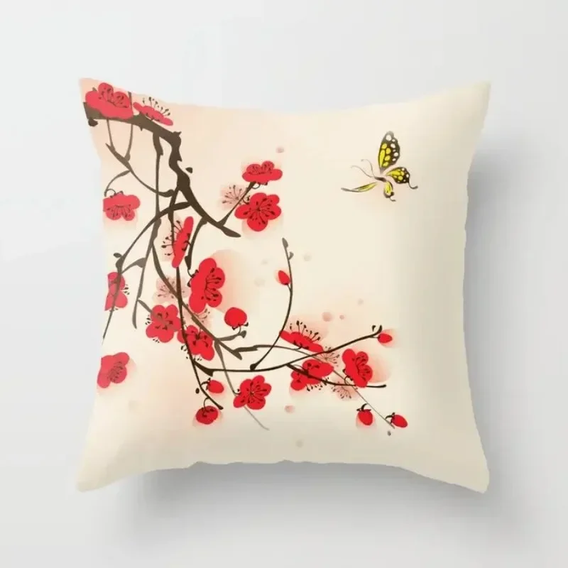 Chinese Style Pillow Cover Lotus Cushion Cover Office Waist Support Blossom Pillowcase Bamboo Plum Pillow Case Home Decore Car