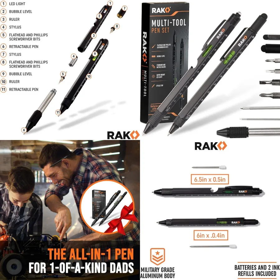 

RAK Multitool Pen with LED Light Flathead and Phillips Screwdrivers Built-in Level and Ruler Bottle Opener Stylus - Compact EDC